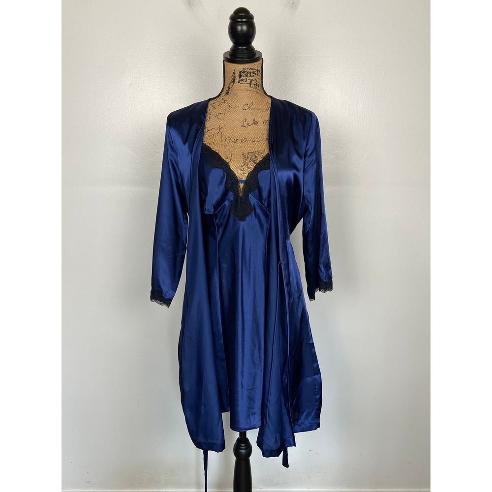 Apt 9 Intimates Satin Robe Nightgown Set Size M Midnight Blue Lace Trim Romanti‎